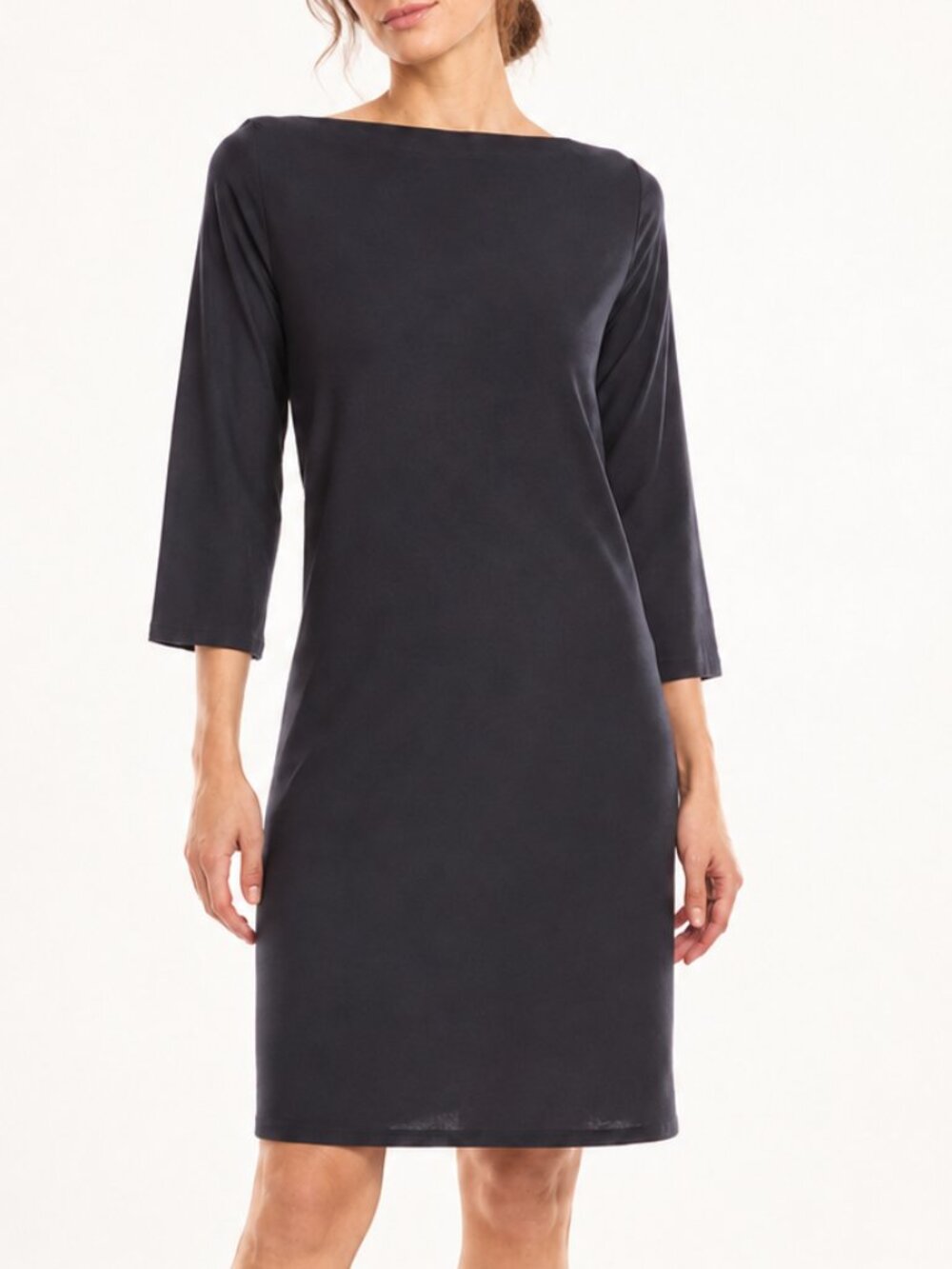 Eileen Fisher Bateau Neck Crepe Shift Dress Charcoal Grey Large